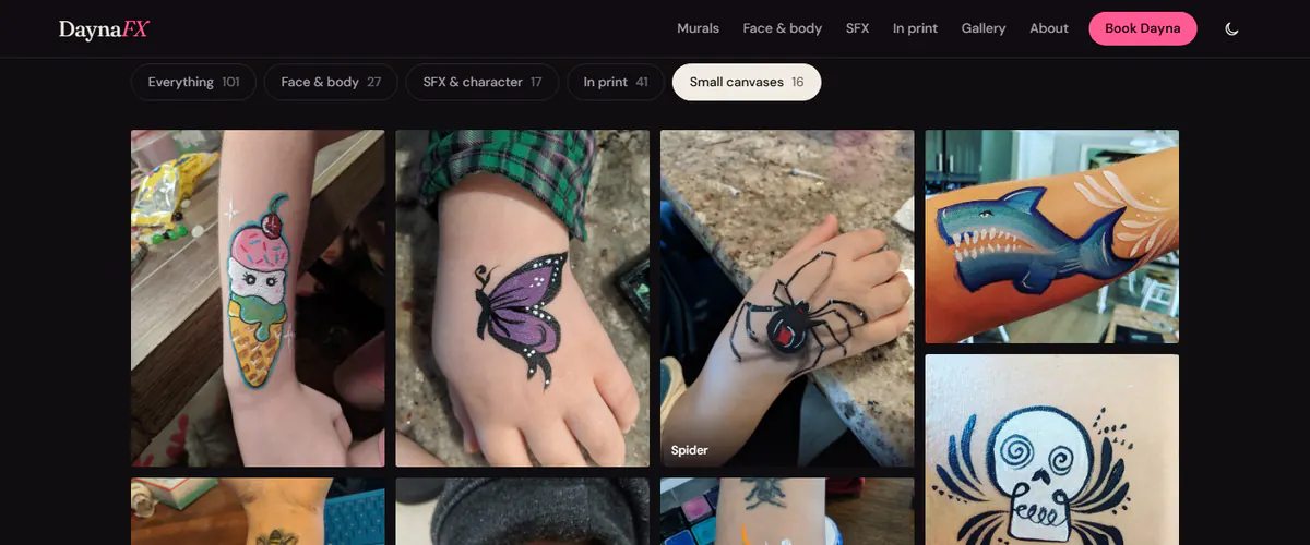 DaynaFX gallery in its dark theme, filtered to “Small canvases”: a grid of painted hands and arms, including an ice-cream cone, a butterfly, a spider and a shark, below the site navigation and the gallery filter buttons.