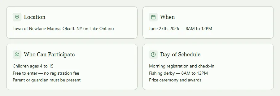 Hooks for Harry public page: four information cards covering the location at the Town of Newfane Marina in Olcott, the date and time, who can participate, and the day-of schedule.