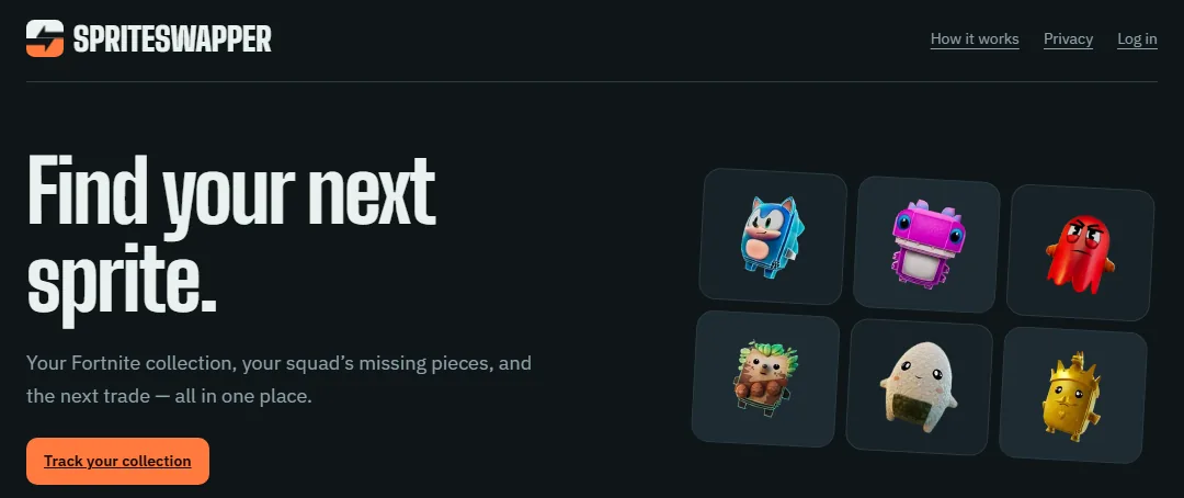 SpriteSwapper home page with the headline “Find your next sprite.” next to a grid of six collectible sprite characters.